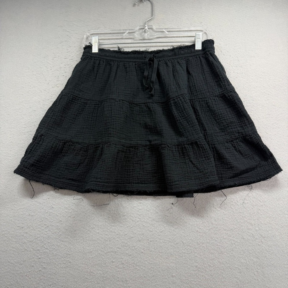 Aerie Skirt Women Medium Black Cotton Gauze Tiered Drawstring Raw Hem Mini Smock